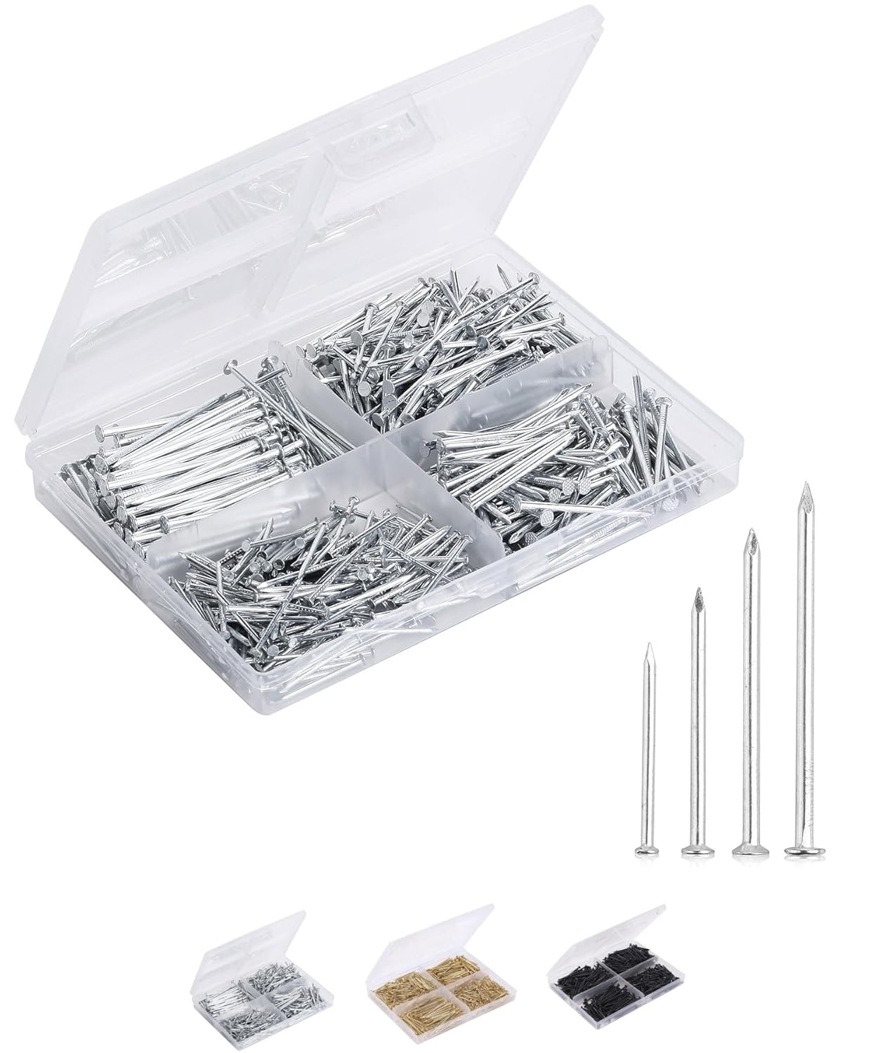 600 Piece Nail Assortment Kit - 4 Sizes, Silver and Gold Wall Nails - Hanging Pictures, Pin Nails, Hardware Nails - WildKart