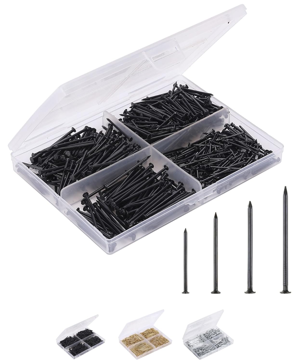 600-Piece Small Black Nail Assortment Kit - 4 Sizes for Hanging Pictures, Finishing, and Walls - Galvanized Hardware Nails - WildKart