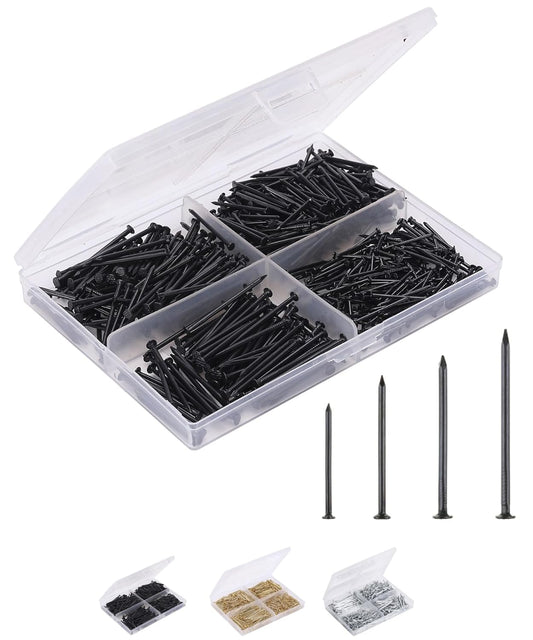 600-Piece Small Black Nail Assortment Kit - 4 Sizes for Hanging Pictures, Finishing, and Walls - Galvanized Hardware Nails - WildKart