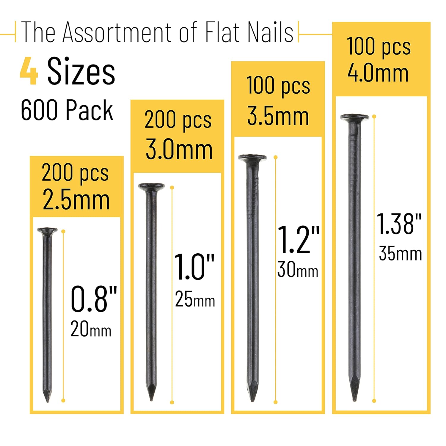 600-Piece Small Black Nail Assortment Kit - 4 Sizes for Hanging Pictures, Finishing, and Walls - Galvanized Hardware Nails - WildKart