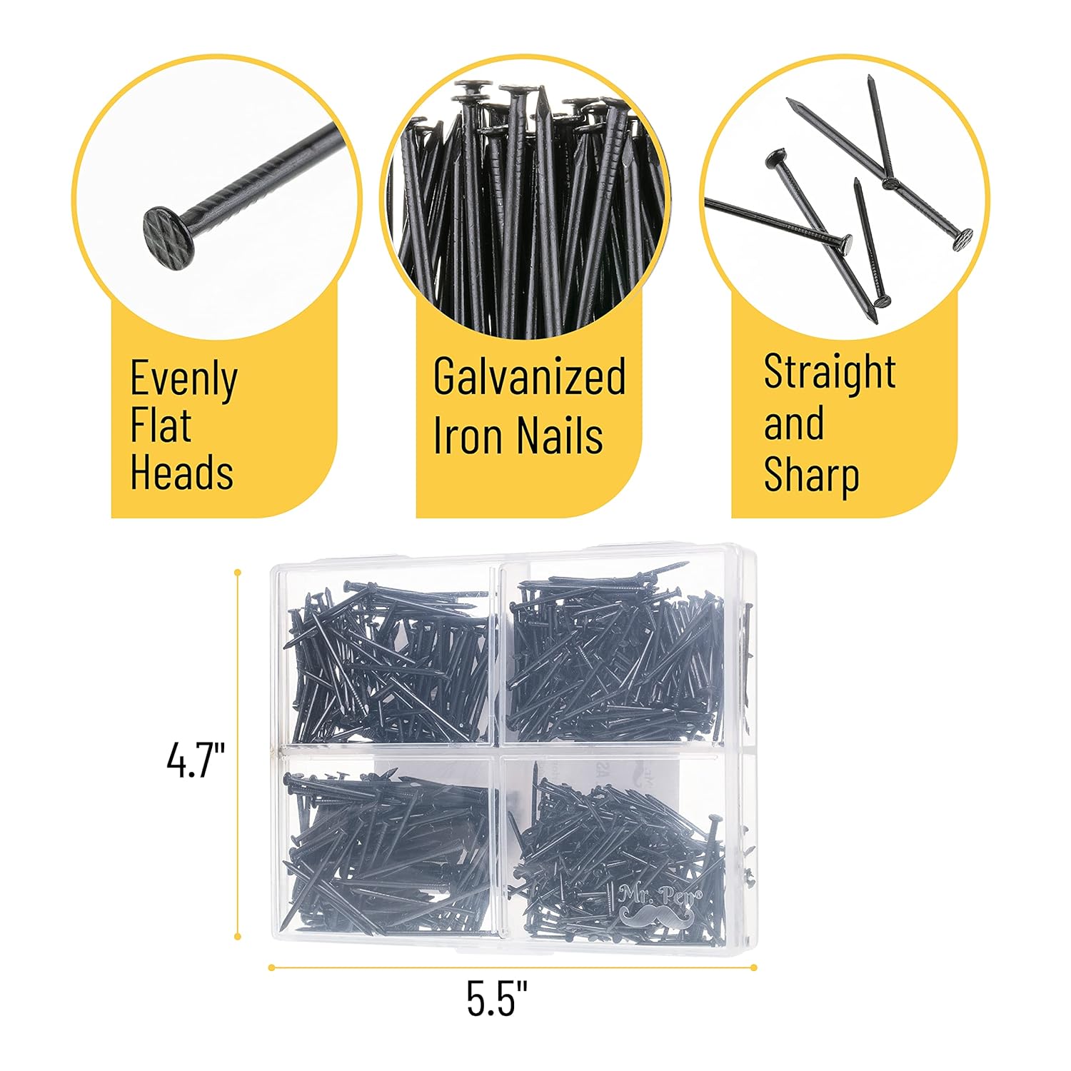 600-Piece Small Black Nail Assortment Kit - 4 Sizes for Hanging Pictures, Finishing, and Walls - Galvanized Hardware Nails - WildKart