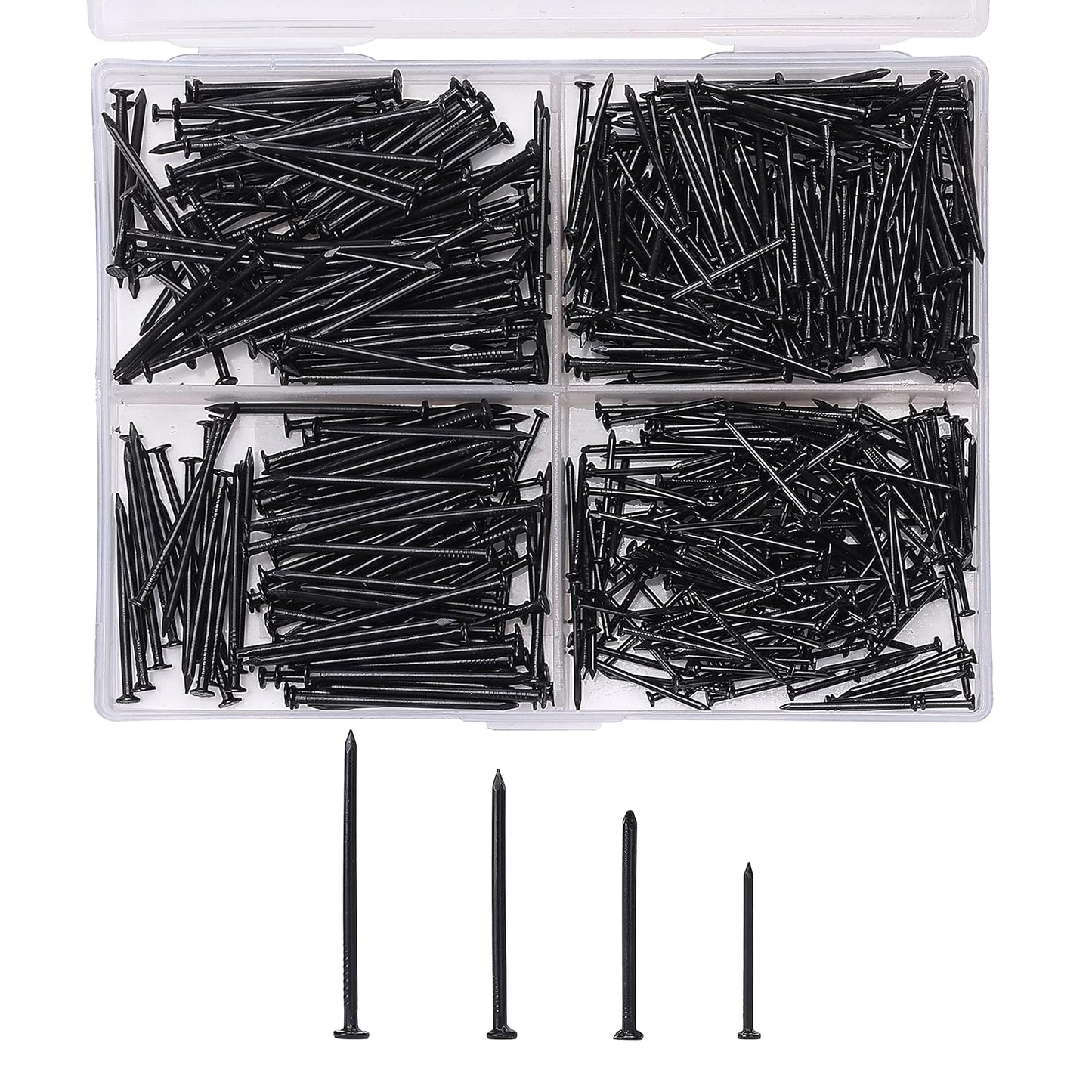 600-Piece Small Black Nail Assortment Kit - 4 Sizes for Hanging Pictures, Finishing, and Walls - Galvanized Hardware Nails - WildKart
