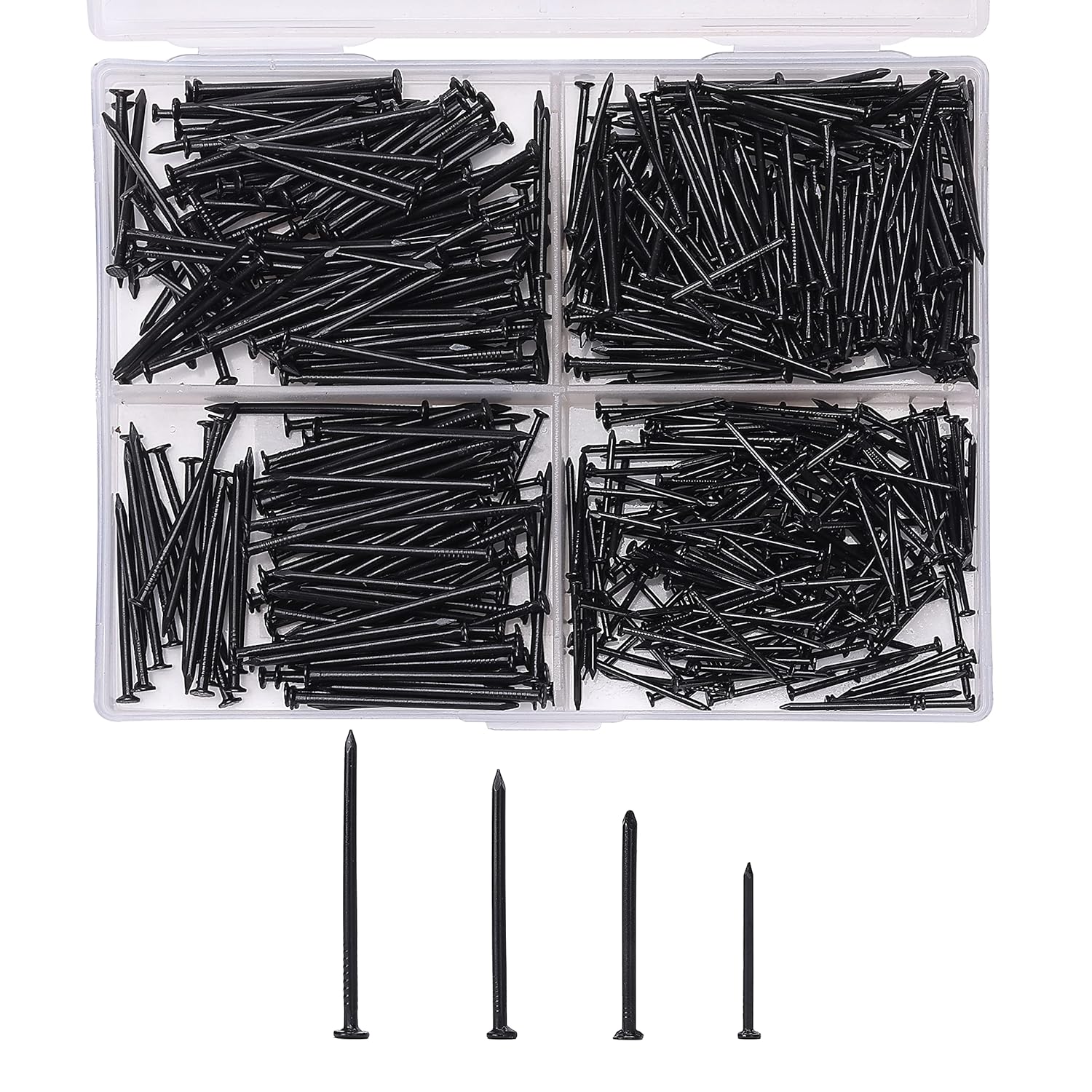 600-Piece Small Black Nail Assortment Kit - 4 Sizes for Hanging Pictures, Finishing, and Walls - Galvanized Hardware Nails - WildKart