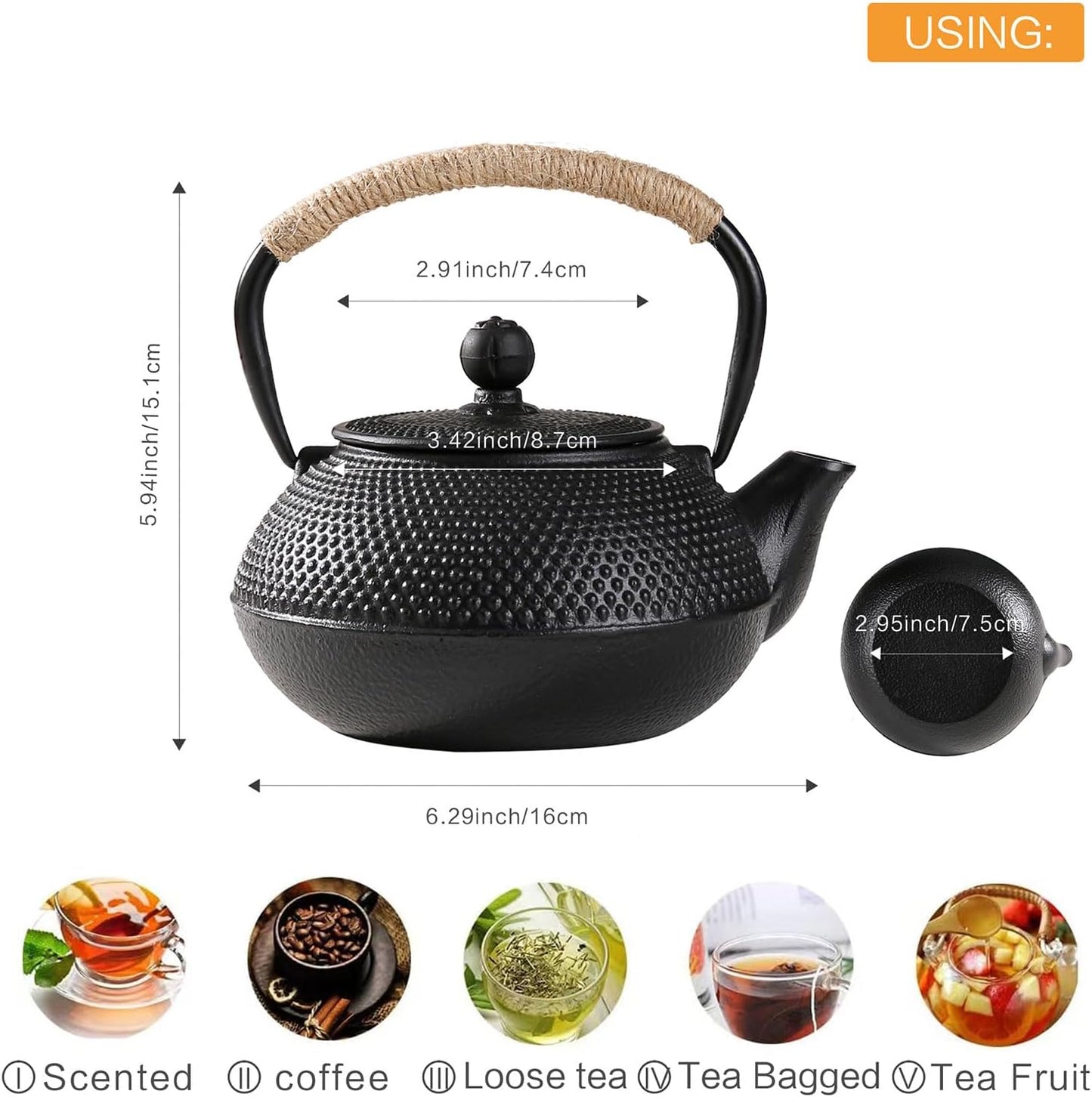 600ml Cast Iron Teapot with Infuser for Loose Leaf Tea and Teabags - Stove Top Safe Tea Kettle - 20oz Capacity