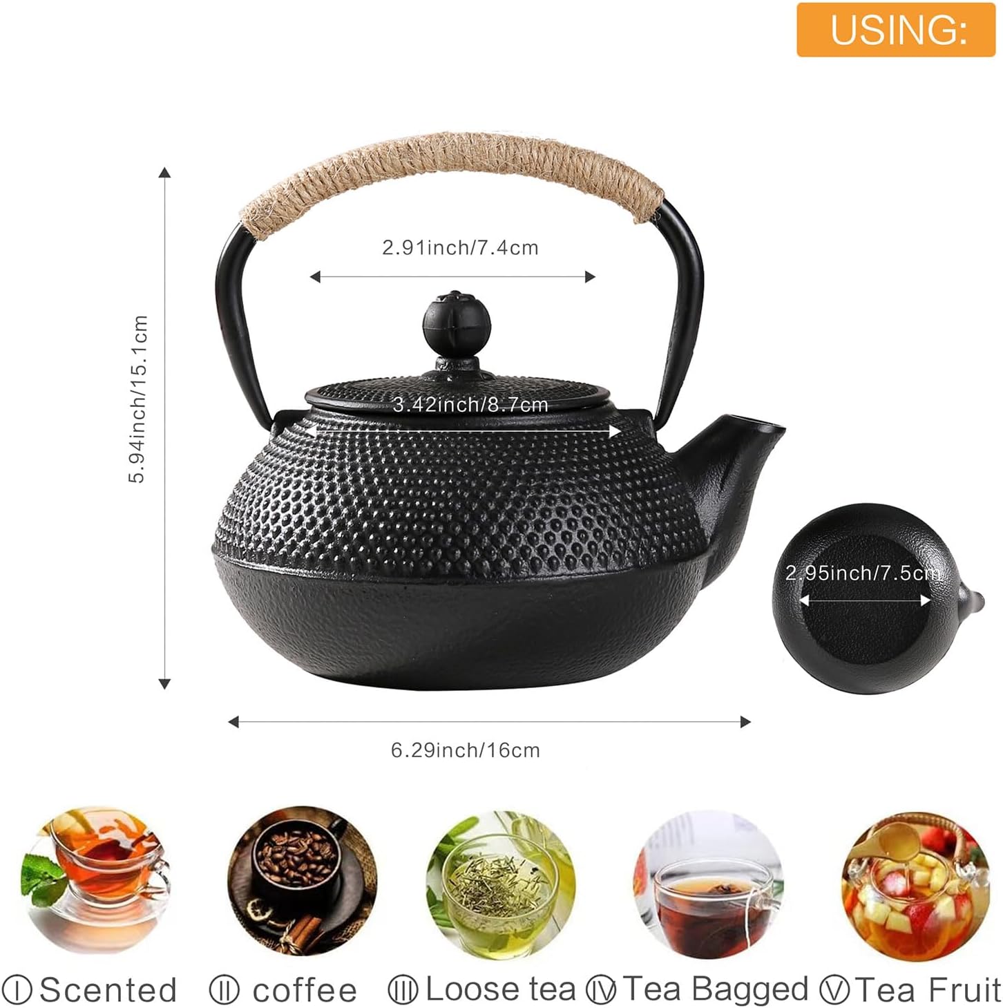 600ml Cast Iron Teapot with Infuser for Loose Leaf Tea and Teabags - Stove Top Safe Tea Kettle - 20oz Capacity