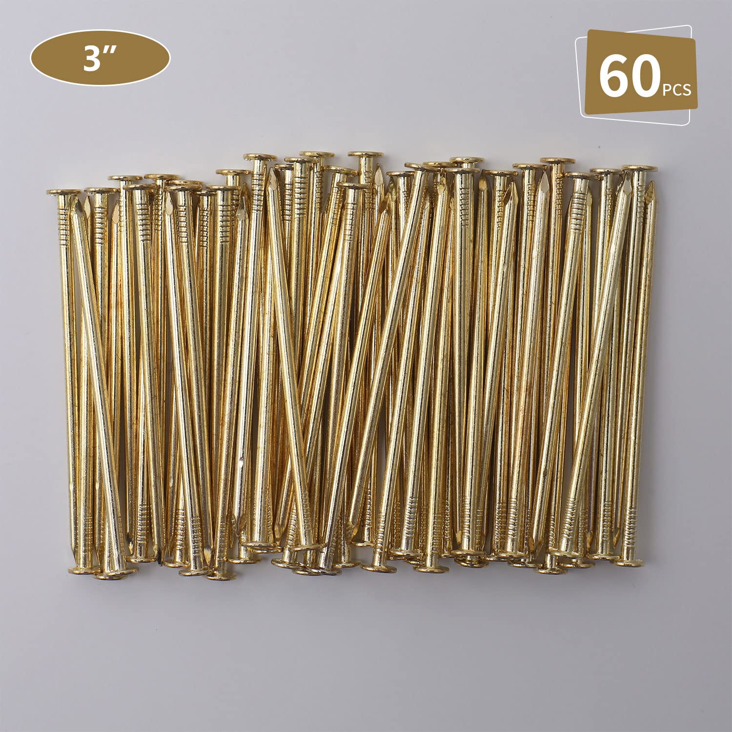 60pcs 3-Inch Brass Plated Nails for Hanging, Wood, Roofing - Gold Hardware Long Wall Nails