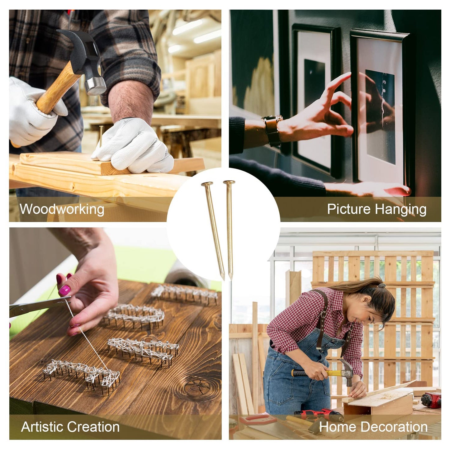 60pcs 3-Inch Brass Plated Nails for Hanging, Wood, Roofing - Gold Hardware Long Wall Nails