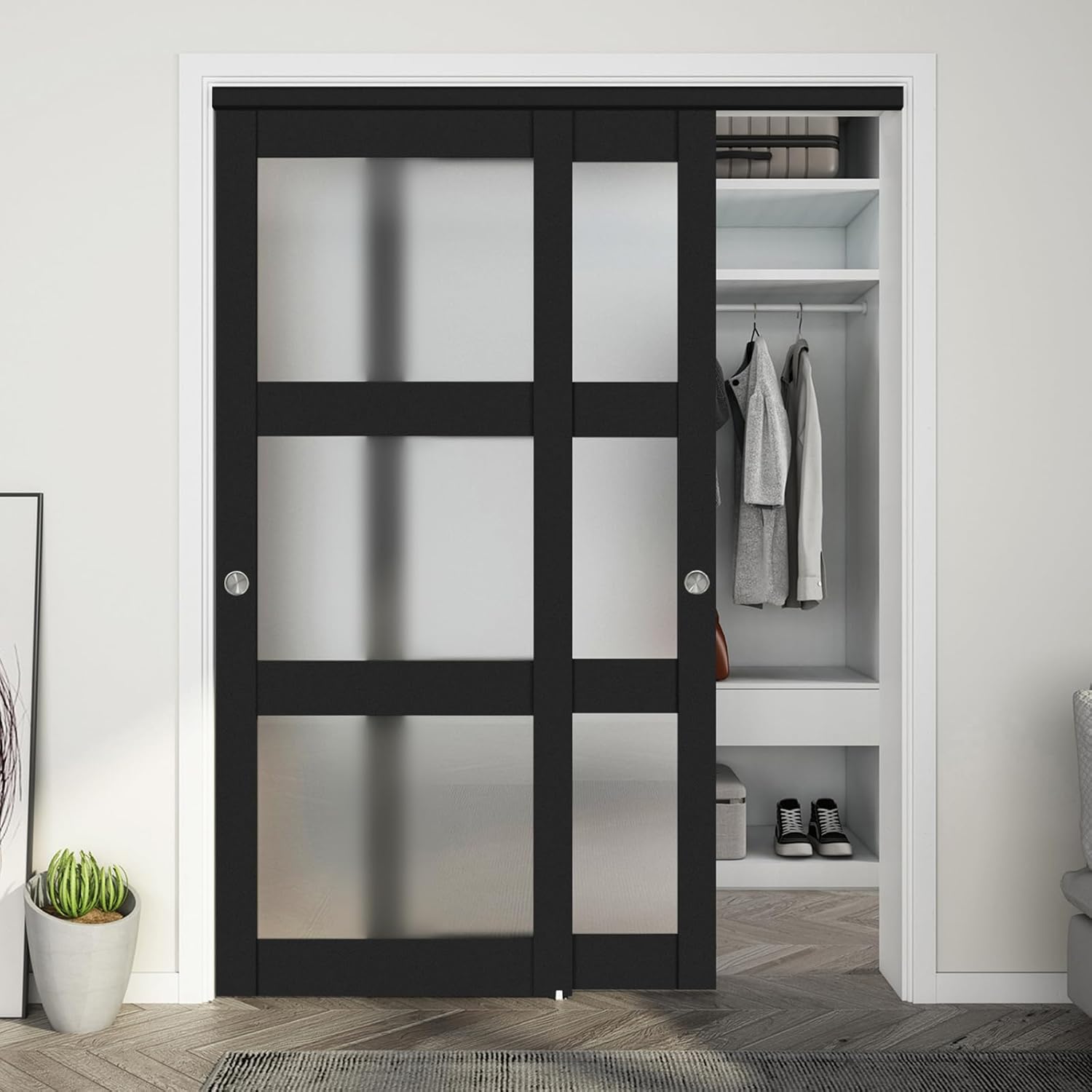 60"x 80" Sliding Closet Door with Frosted Glass & Hardware Kit - Easy Install, Black