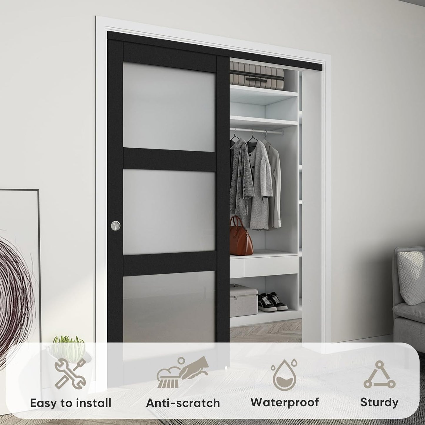 60"x 80" Sliding Closet Door with Frosted Glass & Hardware Kit - Easy Install, Black