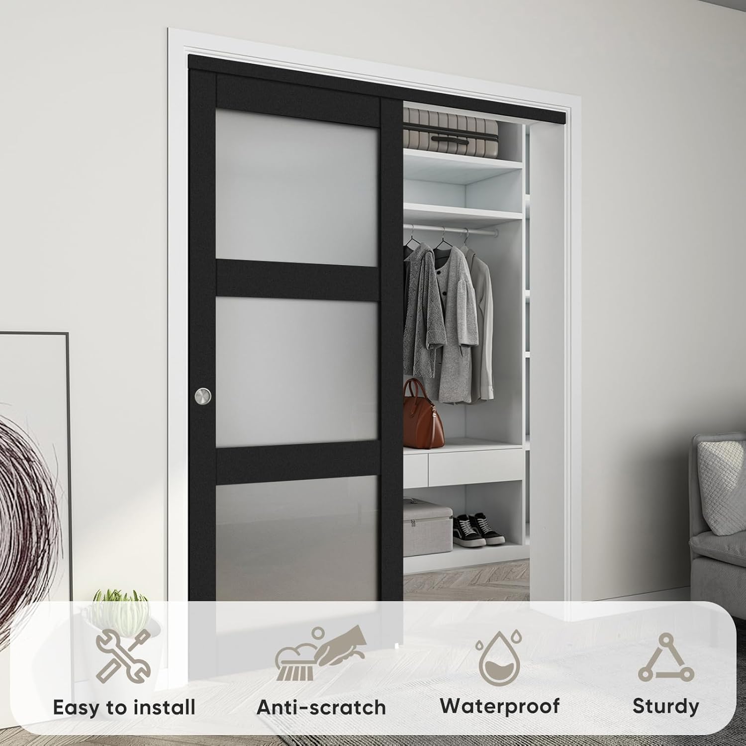 60"x 80" Sliding Closet Door with Frosted Glass & Hardware Kit - Easy Install, Black
