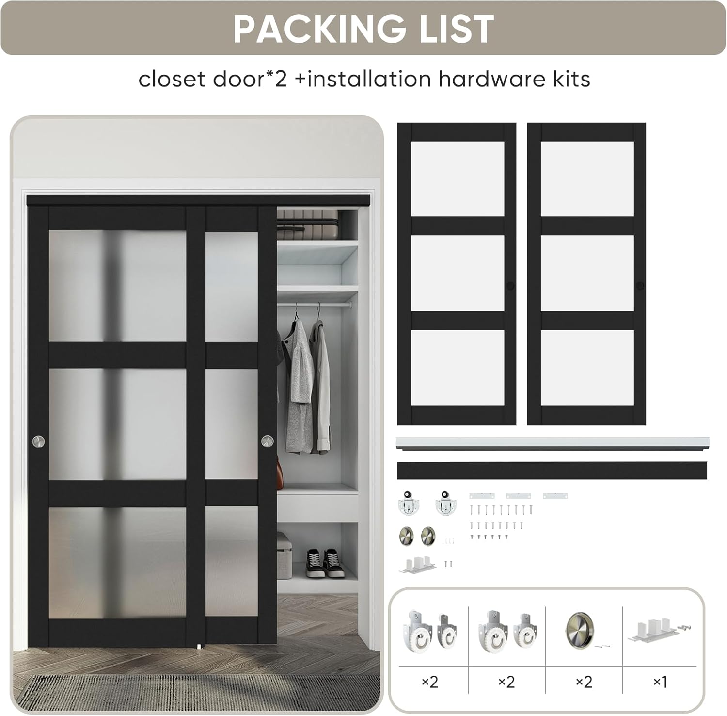 60"x 80" Sliding Closet Door with Frosted Glass & Hardware Kit - Easy Install, Black
