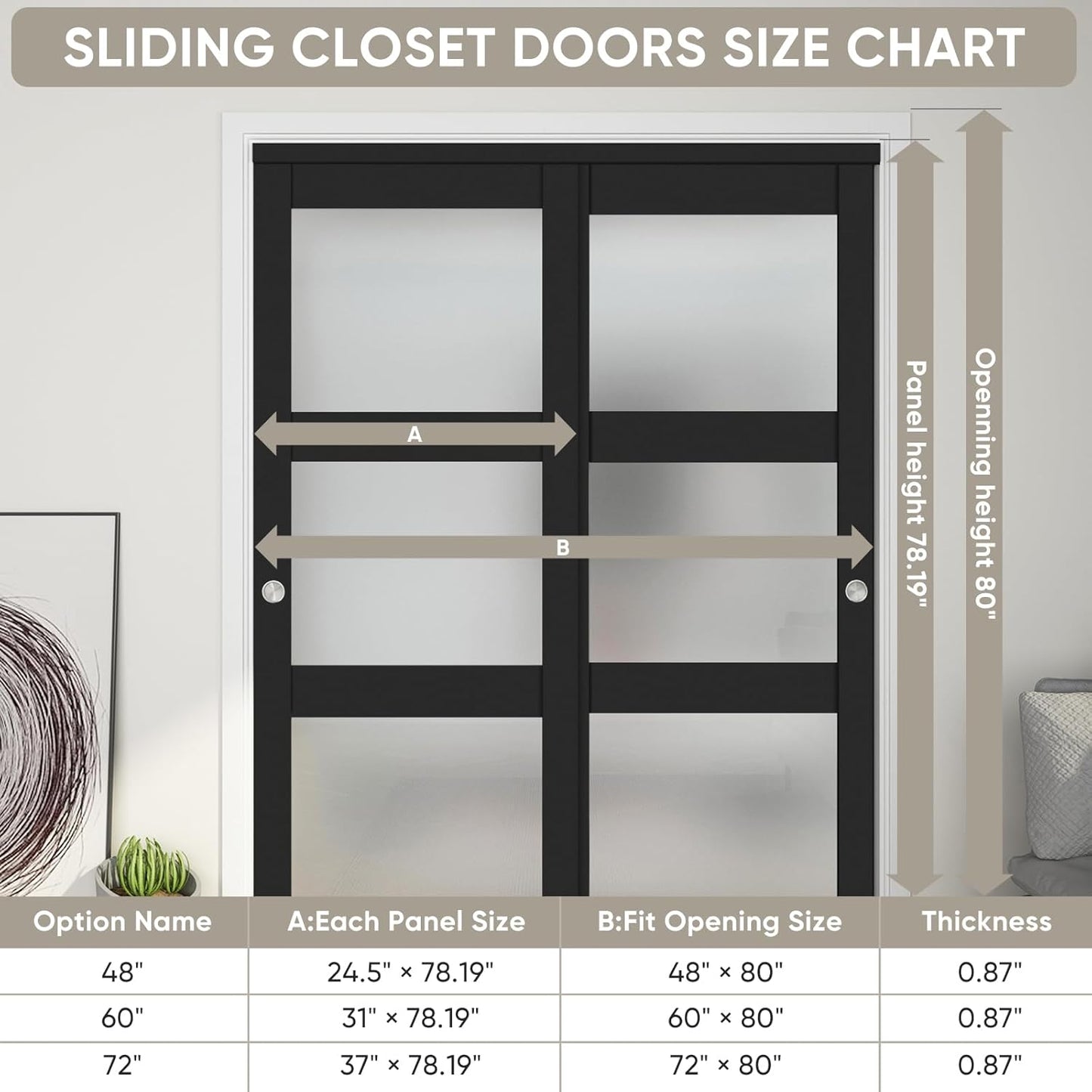 60"x 80" Sliding Closet Door with Frosted Glass & Hardware Kit - Easy Install, Black