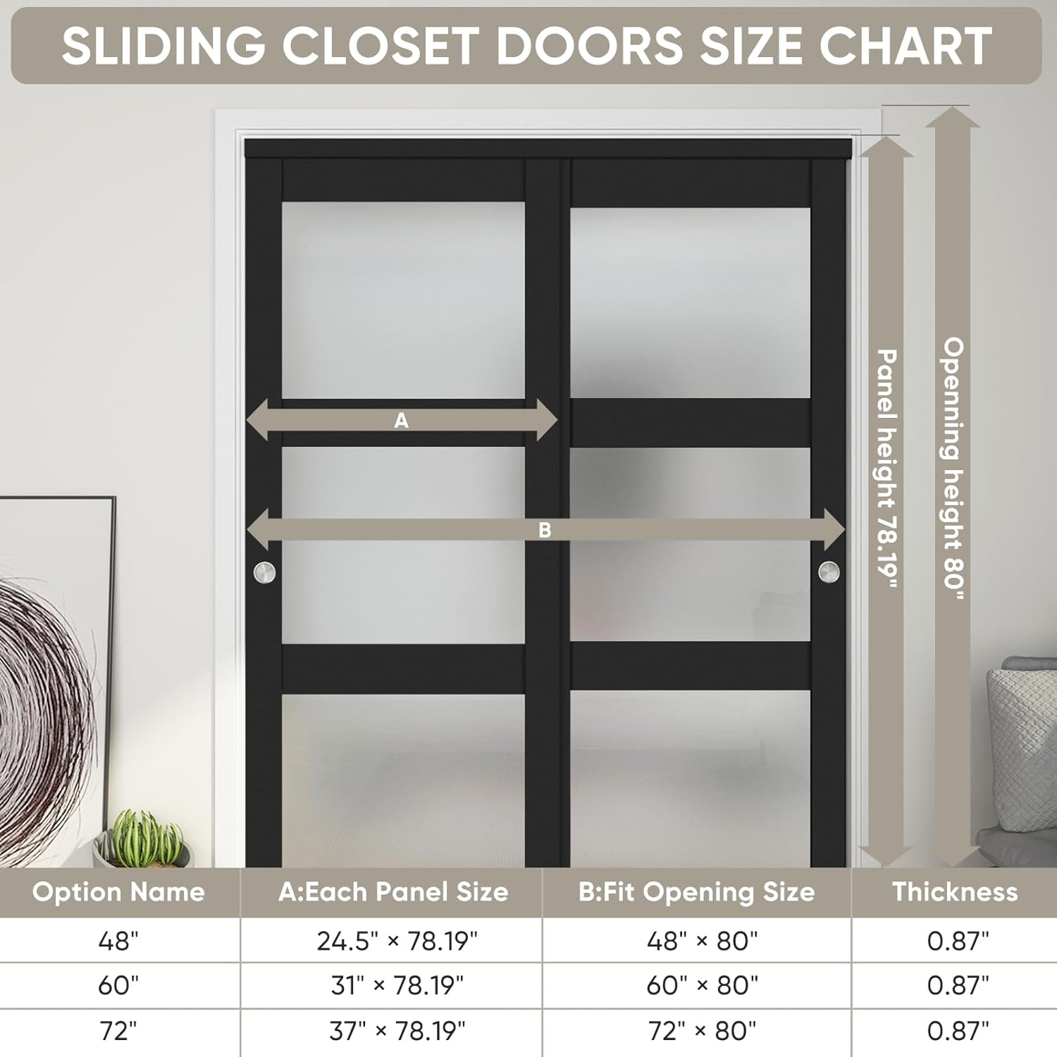 60"x 80" Sliding Closet Door with Frosted Glass & Hardware Kit - Easy Install, Black