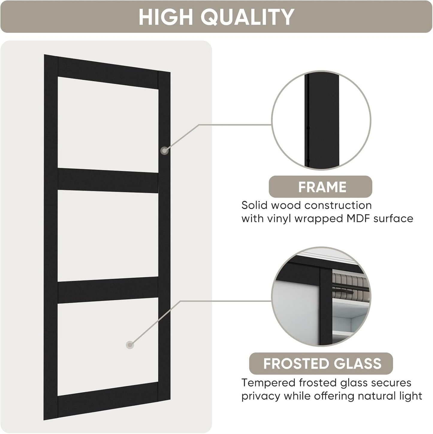 60"x 80" Sliding Closet Door with Frosted Glass & Hardware Kit - Easy Install, Black