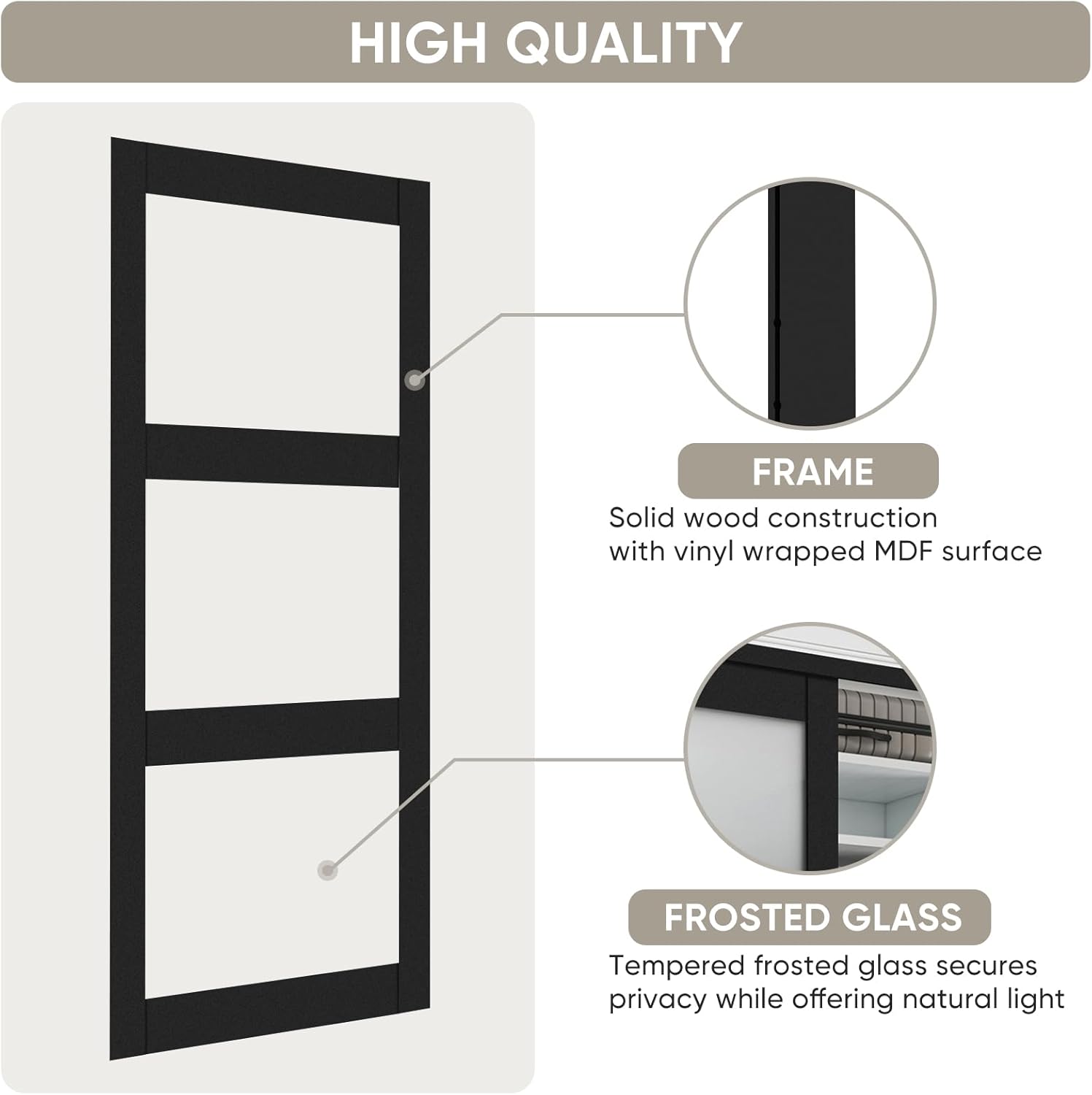 60"x 80" Sliding Closet Door with Frosted Glass & Hardware Kit - Easy Install, Black