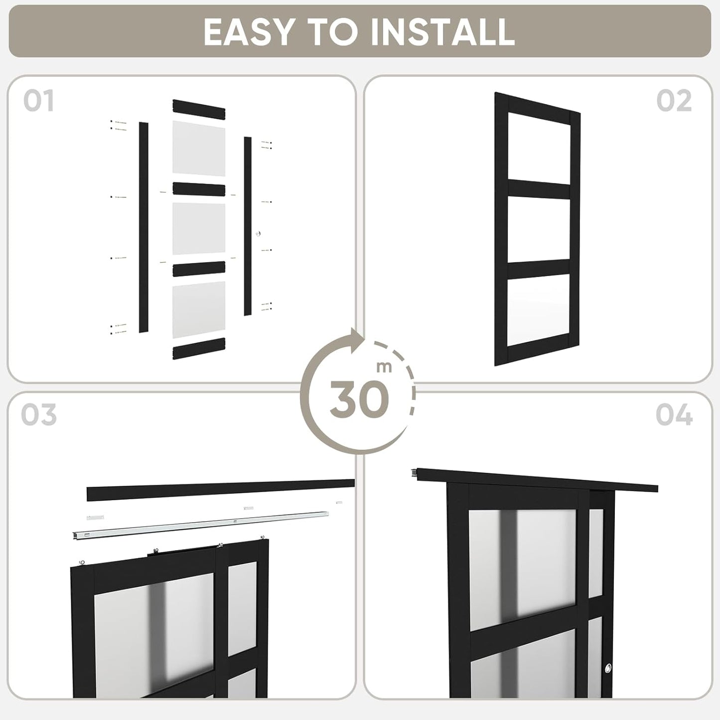 60"x 80" Sliding Closet Door with Frosted Glass & Hardware Kit - Easy Install, Black