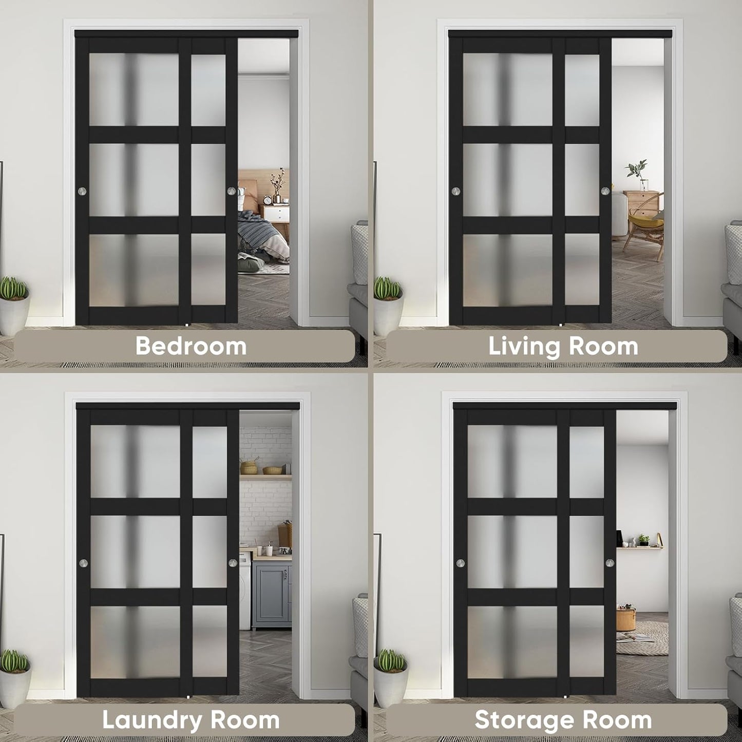 60"x 80" Sliding Closet Door with Frosted Glass & Hardware Kit - Easy Install, Black