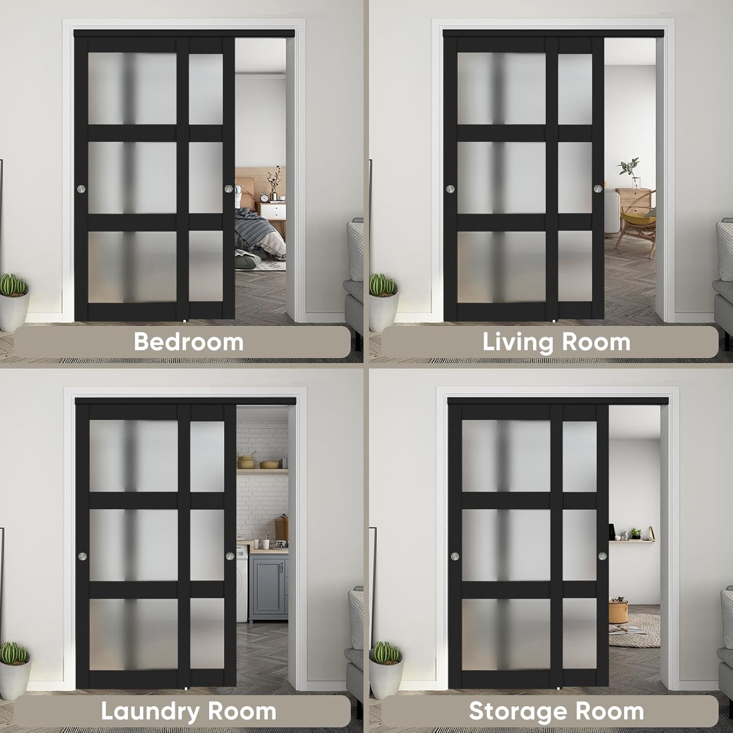 60"x 80" Sliding Closet Door with Frosted Glass & Hardware Kit - Easy Install, Black