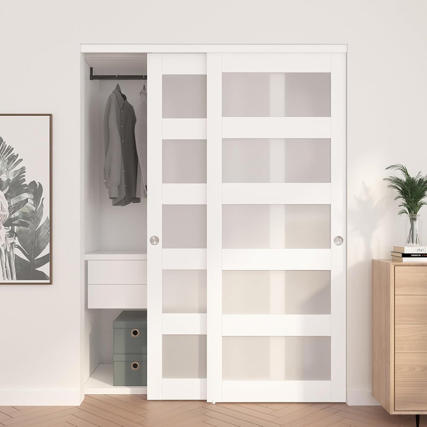 60"x80" Sliding Closet Door with Frosted Glass and Hardware Kit - Easy Install, White