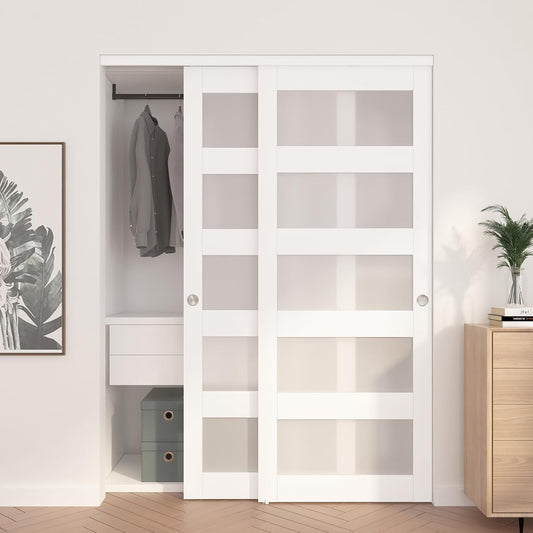 60"x80" Sliding Closet Door with Frosted Glass and Hardware Kit - Easy Install, White
