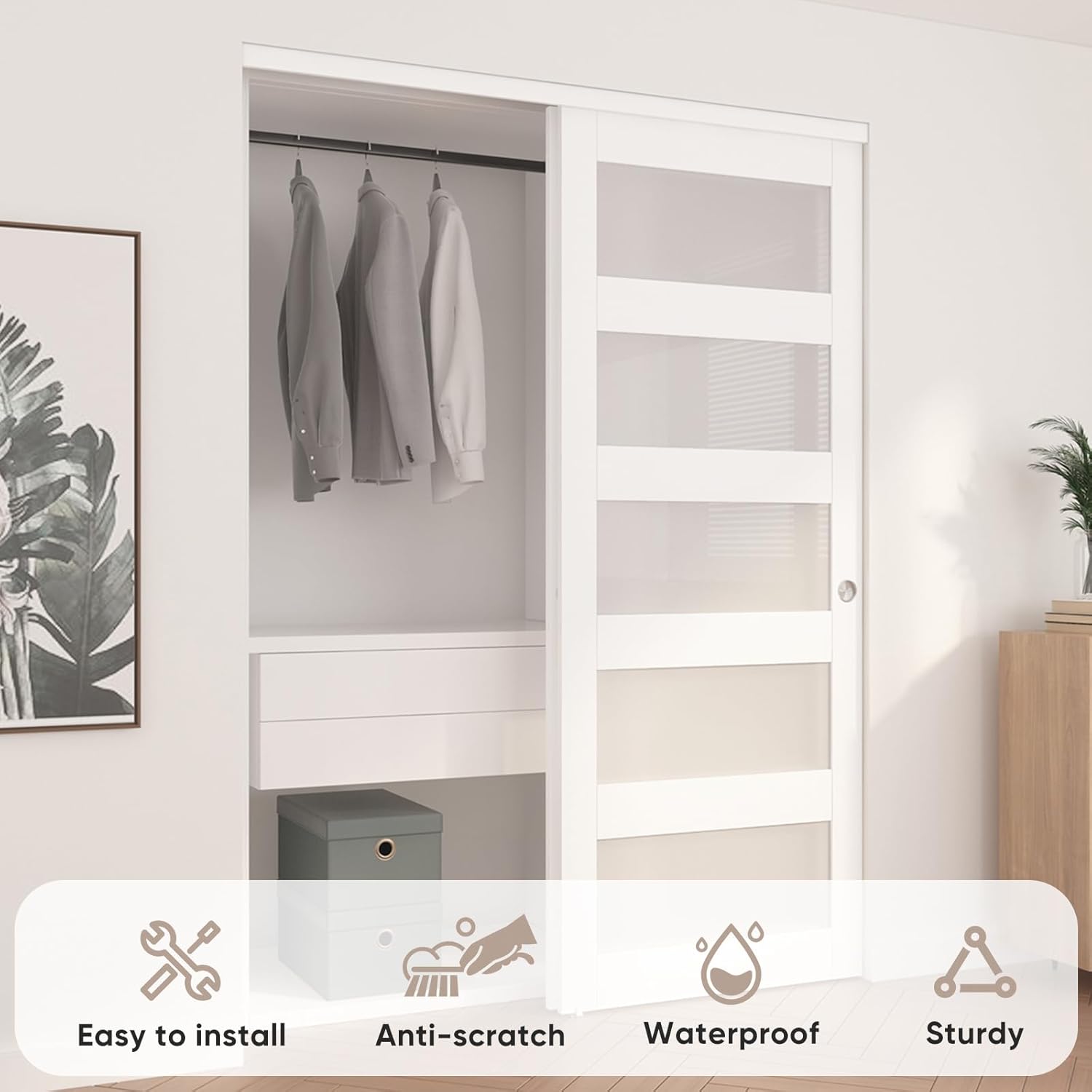 60"x80" Sliding Closet Door with Frosted Glass and Hardware Kit - Easy Install, White