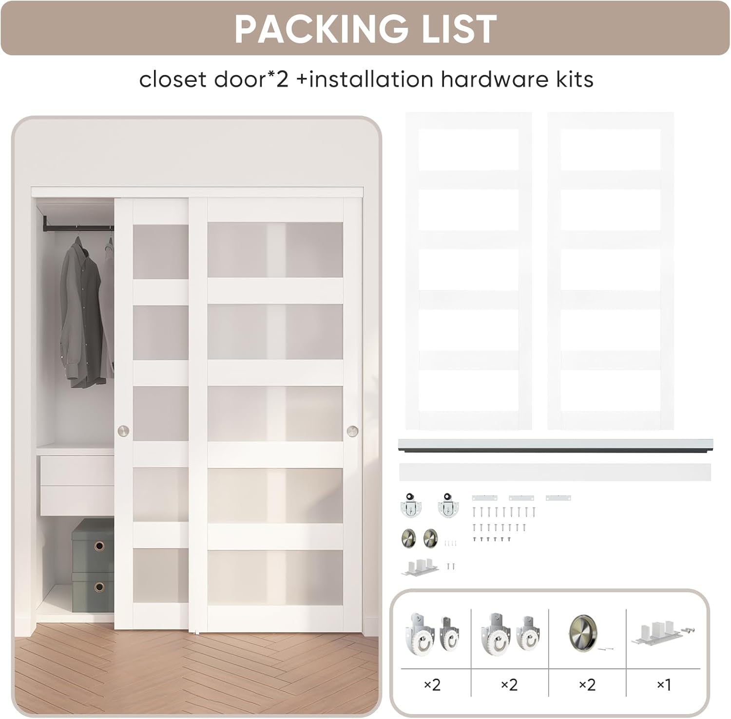 60"x80" Sliding Closet Door with Frosted Glass and Hardware Kit - Easy Install, White