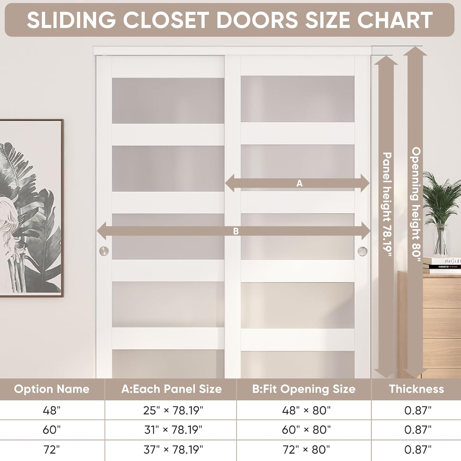 60"x80" Sliding Closet Door with Frosted Glass and Hardware Kit - Easy Install, White