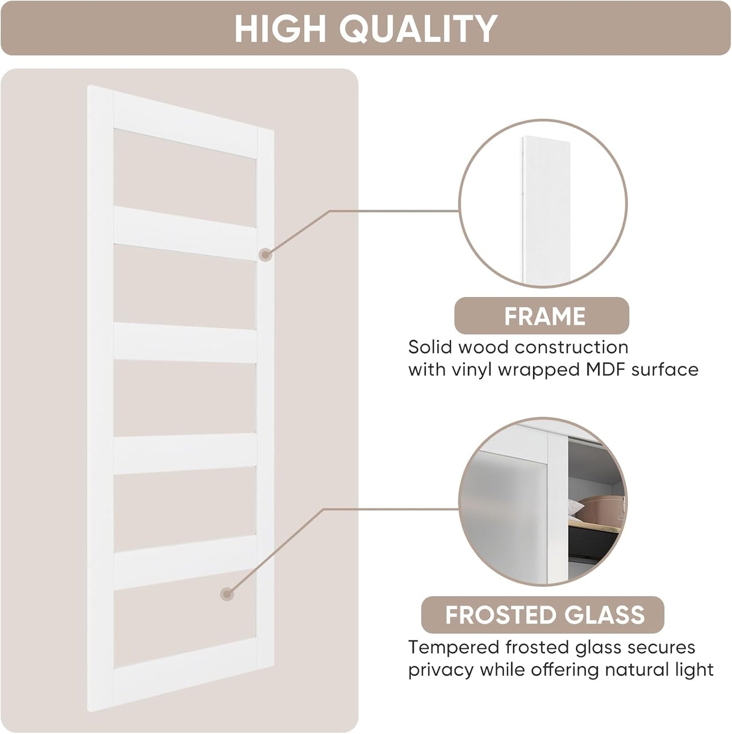 60"x80" Sliding Closet Door with Frosted Glass and Hardware Kit - Easy Install, White