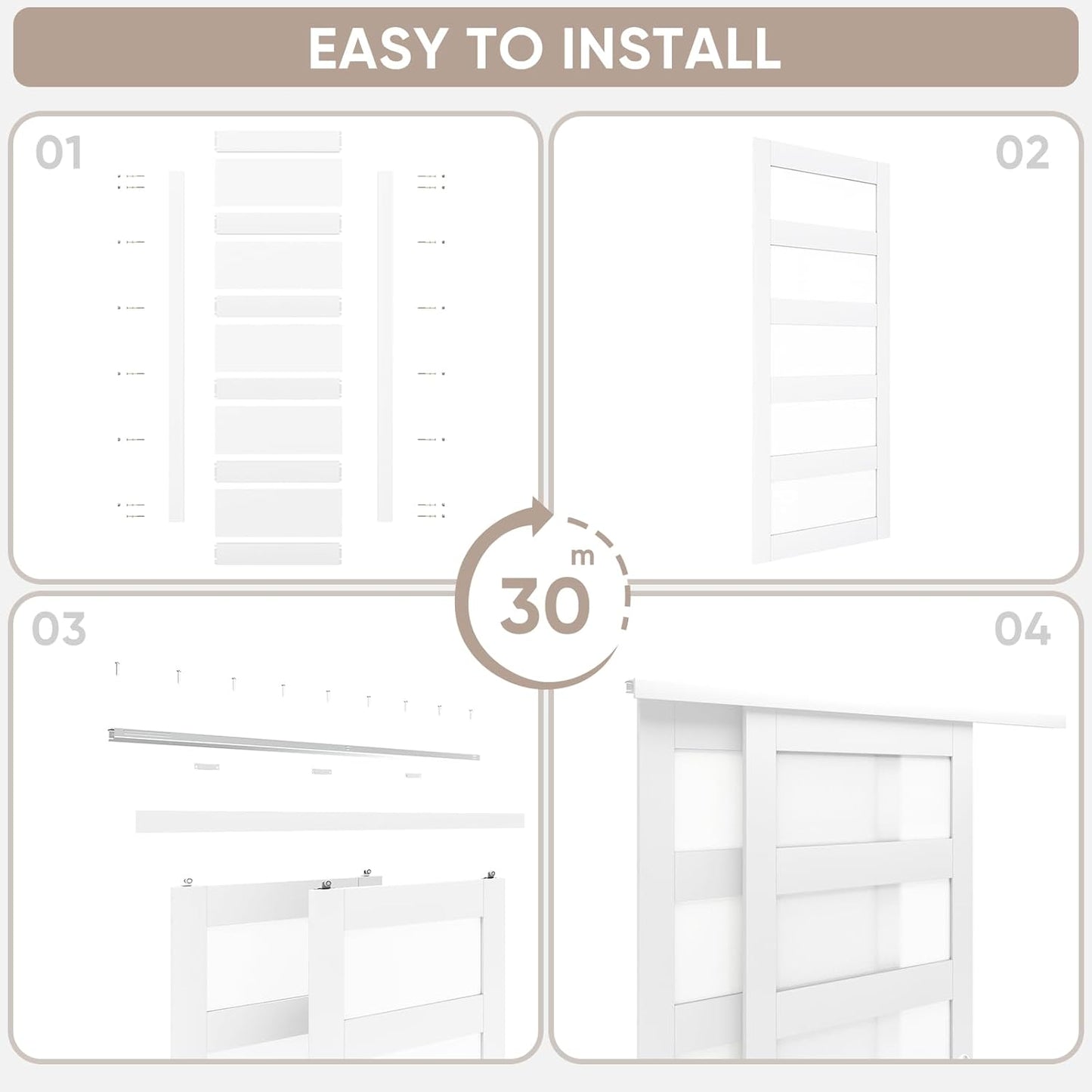 60"x80" Sliding Closet Door with Frosted Glass and Hardware Kit - Easy Install, White