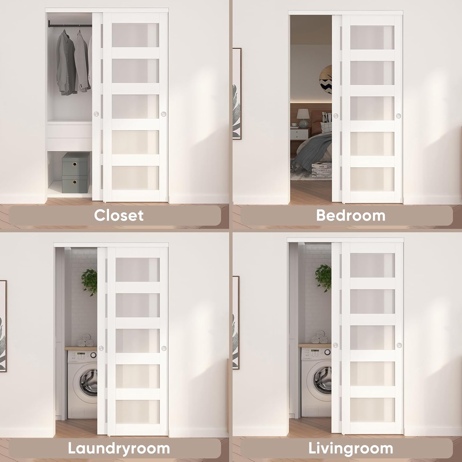 60"x80" Sliding Closet Door with Frosted Glass and Hardware Kit - Easy Install, White