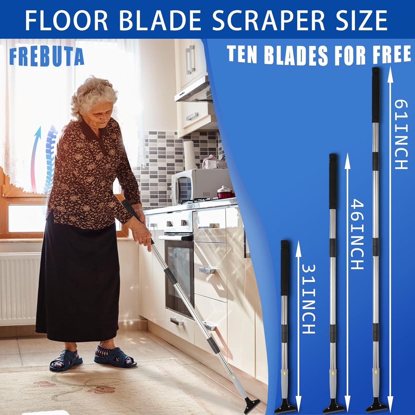 61in Heavy Duty Floor Scraper with 4 inch Razor Blade & 10 Extra Blades - Ideal for Cleaning Stove Top, Windows, Glass, Walls - Metal Paint Scraper