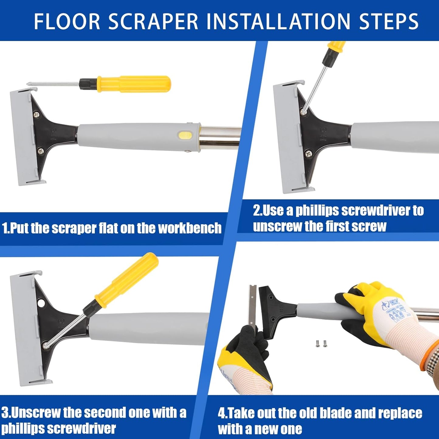 61in Heavy Duty Floor Scraper with 4 inch Razor Blade & 10 Extra Blades - Ideal for Cleaning Stove Top, Windows, Glass, Walls - Metal Paint Scraper