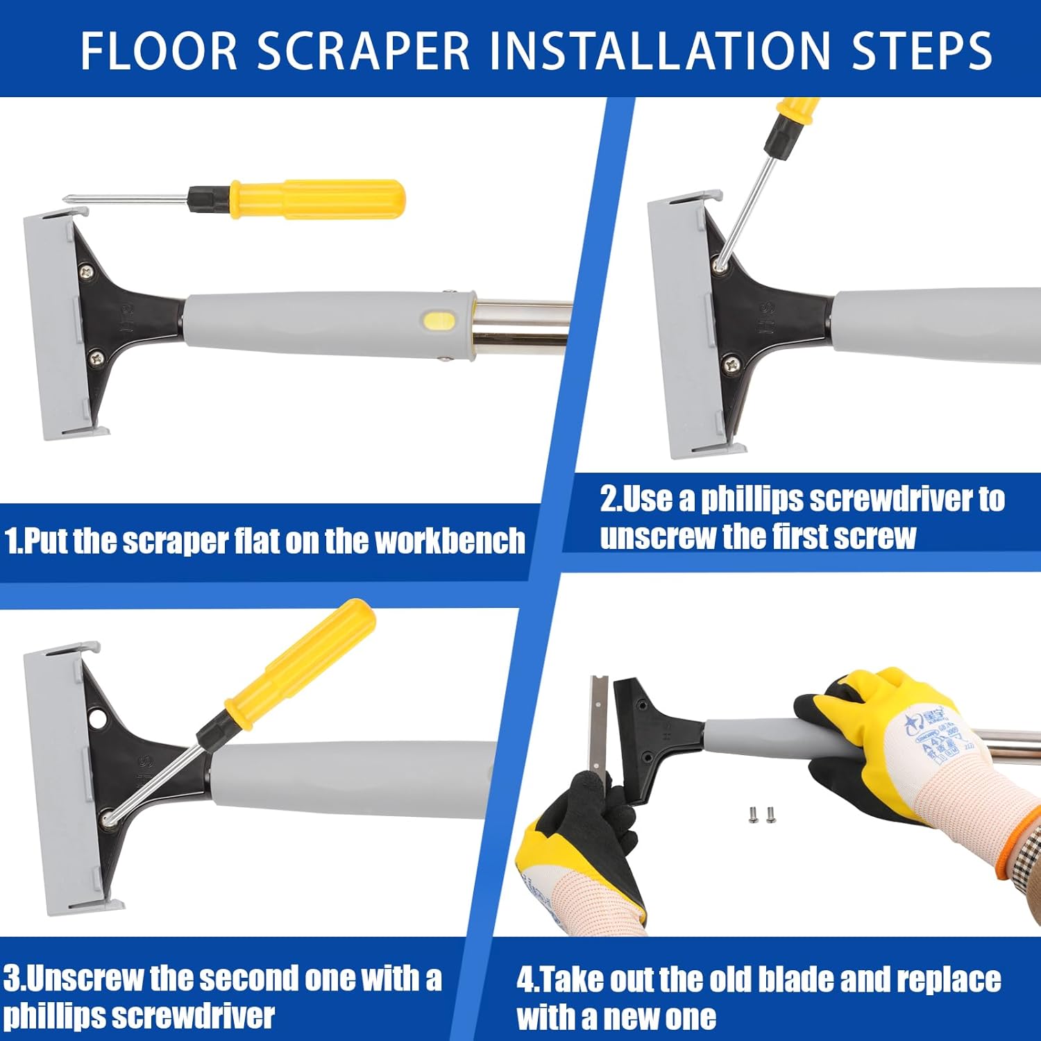 61in Heavy Duty Floor Scraper with 4 inch Razor Blade & 10 Extra Blades - Ideal for Cleaning Stove Top, Windows, Glass, Walls - Metal Paint Scraper