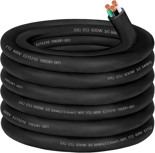 6/3 6 Gauge Wire SOOW Cable - 3 Conductor Electric Portable Power Cable 600V 50A - Industrial & Home Use - Generator, Welder, EV Charger - 25ft