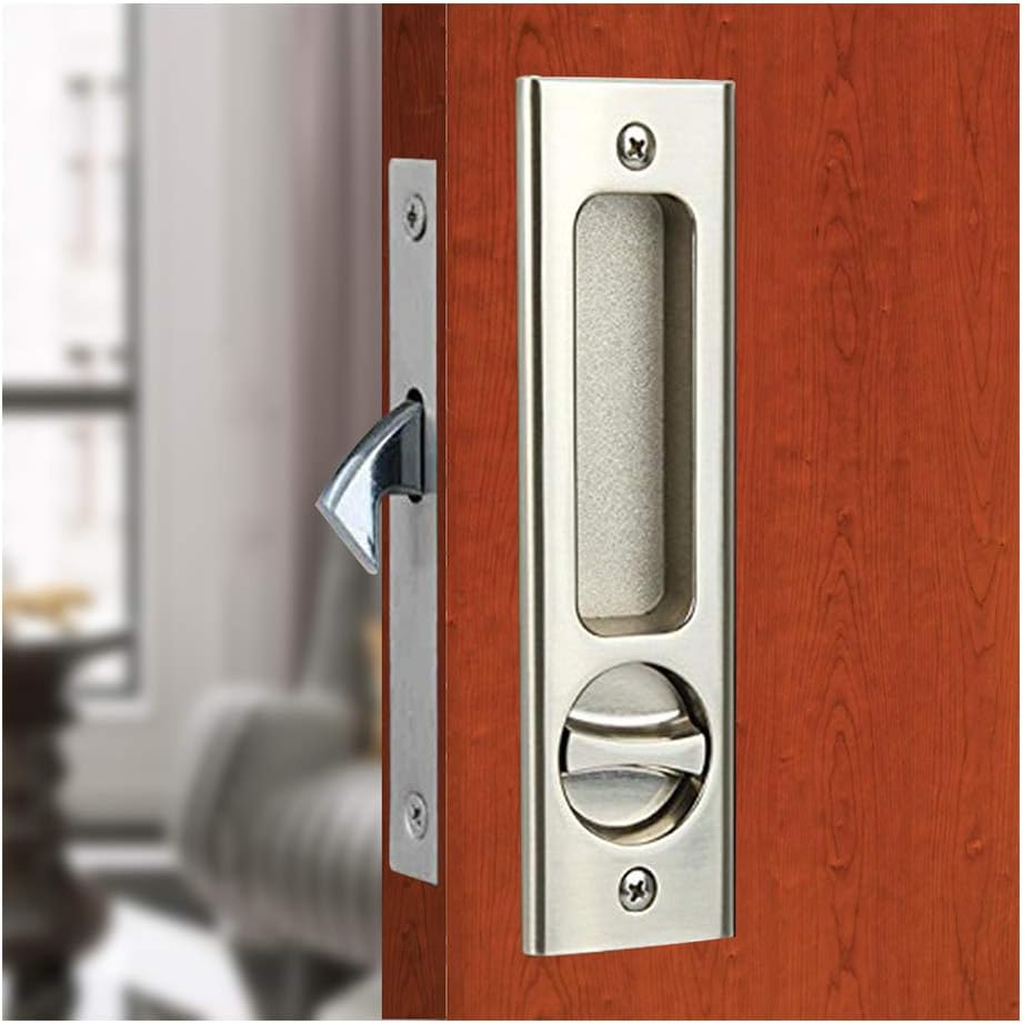 6.3" Brushed Silver Privacy Pocket Door Lock with Keys - Double Barn Door Lock Hardware for Sliding Doors