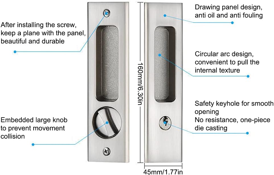 6.3" Brushed Silver Privacy Pocket Door Lock with Keys - Double Barn Door Lock Hardware for Sliding Doors