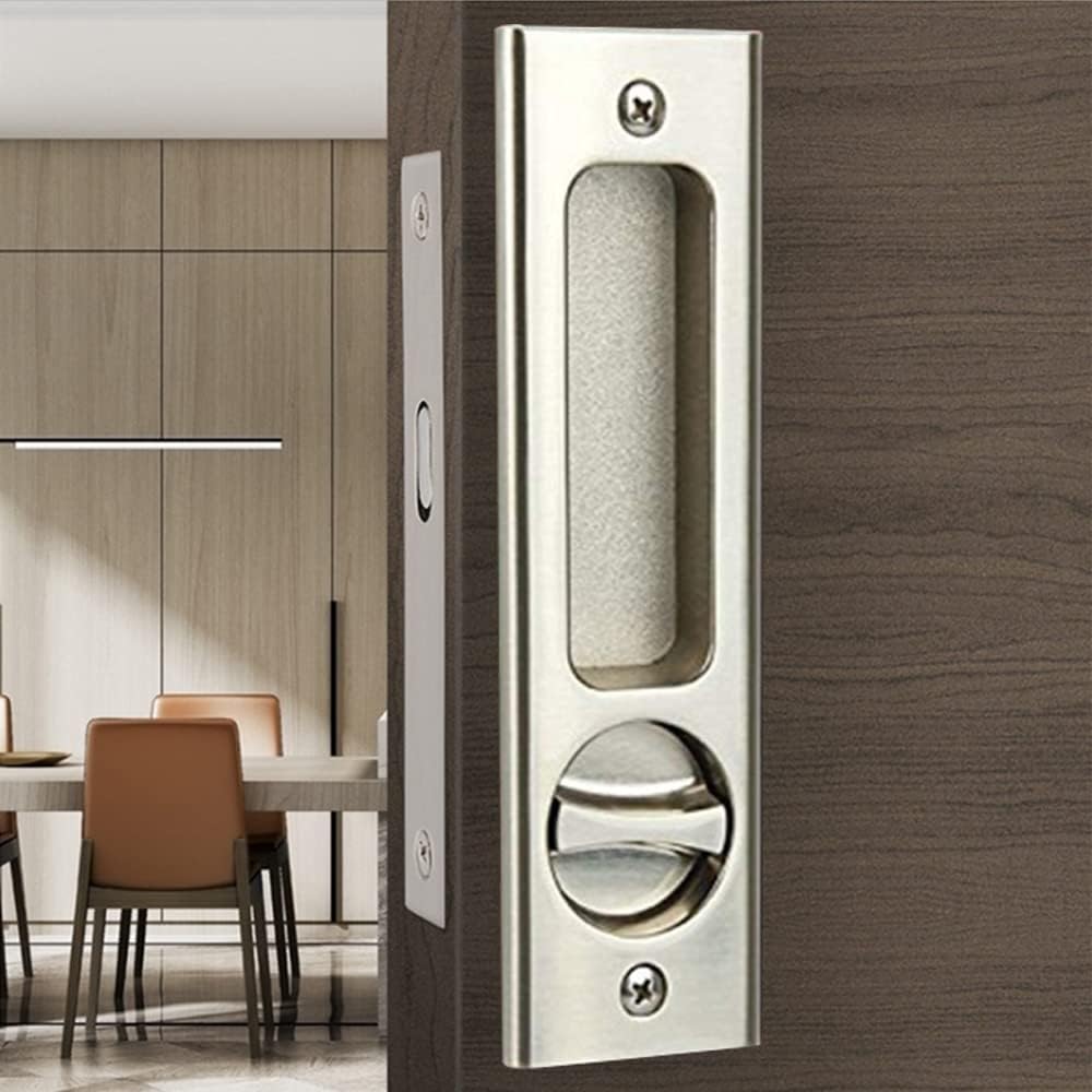 6.3" Brushed Silver Privacy Pocket Door Lock with Keys - Double Barn Door Lock Hardware for Sliding Doors