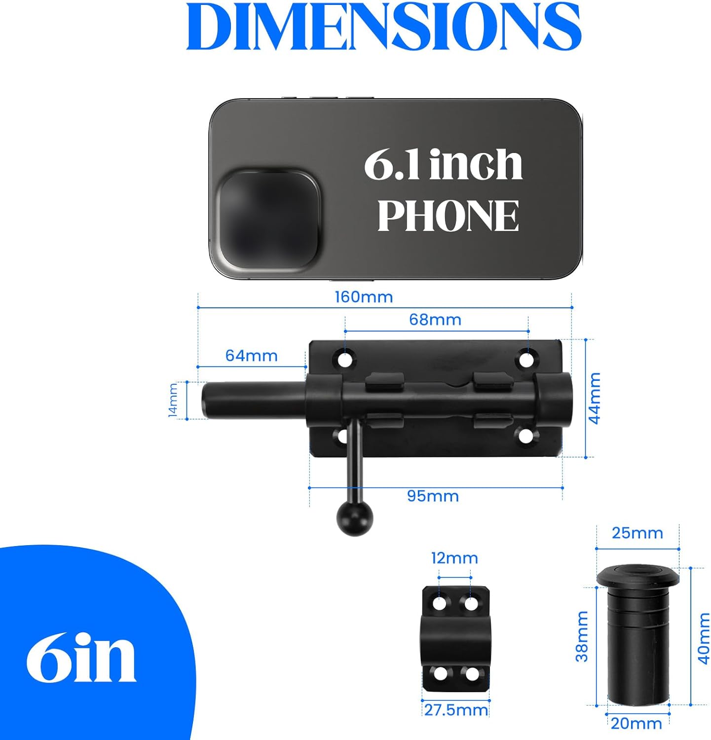 6.3" Heavy Duty Barrel Bolt Latch for Inside Door - Solid 304 Stainless Steel Slide Lock with Black Finish - Ideal for Gates and Sheds (1 Pack)