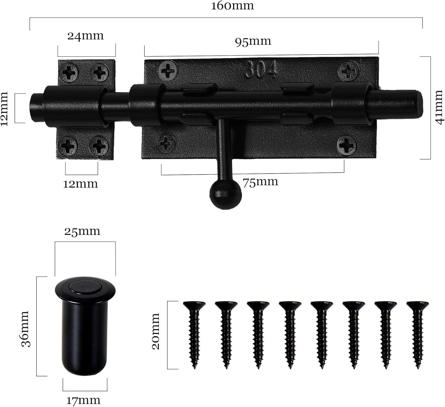 6.3 Inch Black Barrel Bolt Latch with Padlock Hole, Heavy Duty Stainless Steel Slide Lock for Gates, Doors, Windows