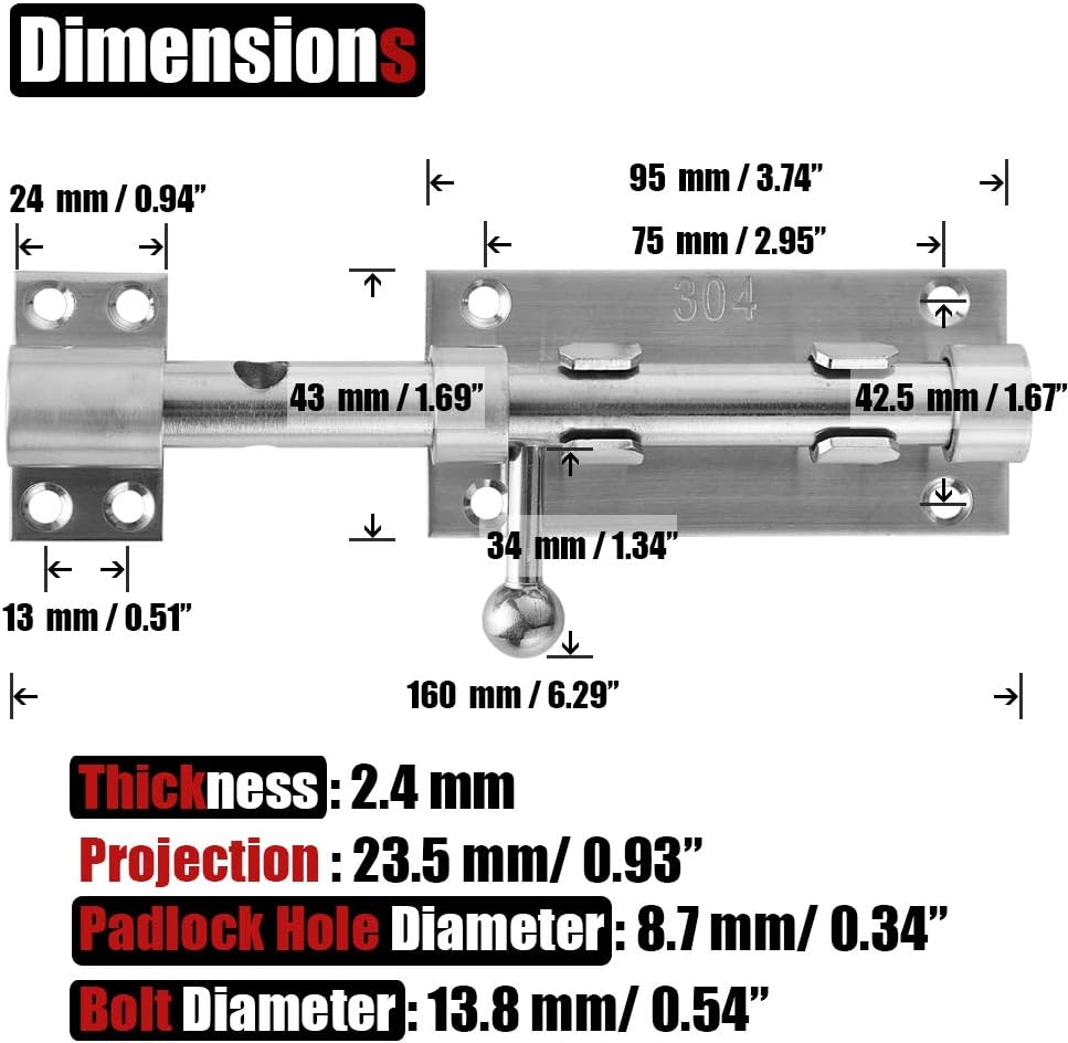 6.3 Inch Heavy Duty Stainless Steel Sliding Bolt Gate Latch with Padlock Hole