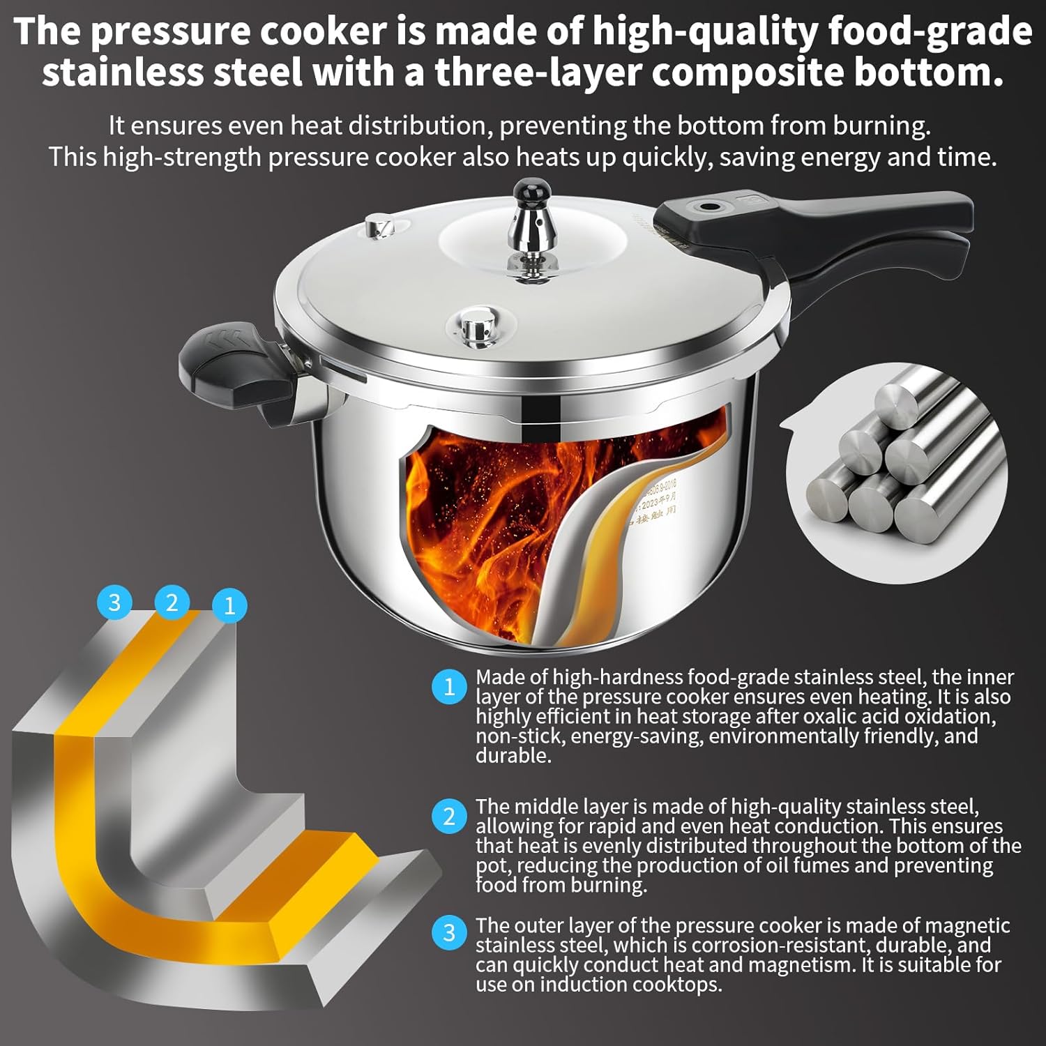 6.3 Quart Stainless Steel Pressure Cooker with Pressure Indicator and Safety Features for Gas and Induction Cooking