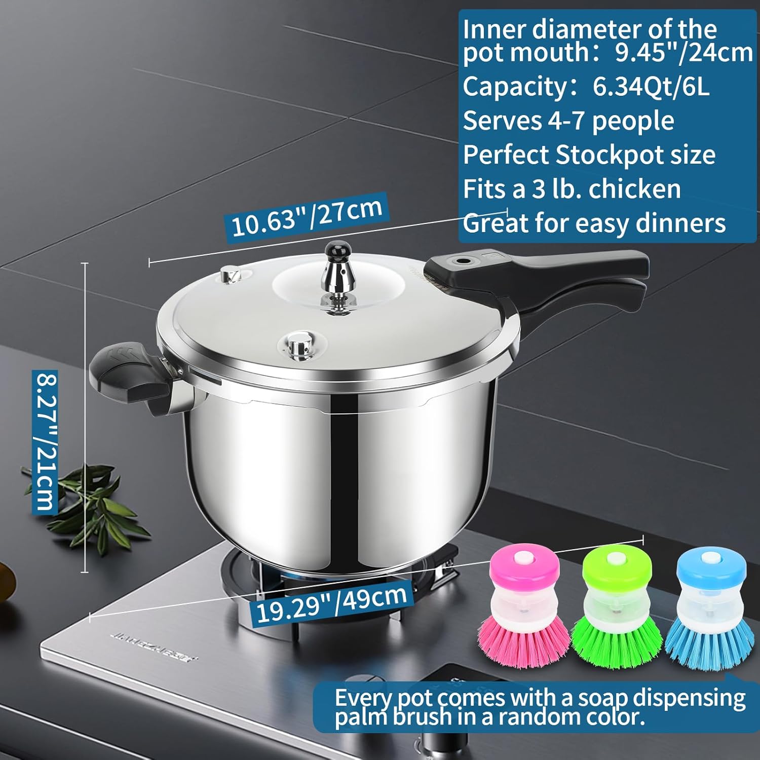 6.3 Quart Stainless Steel Pressure Cooker with Pressure Indicator and Safety Features for Gas and Induction Cooking