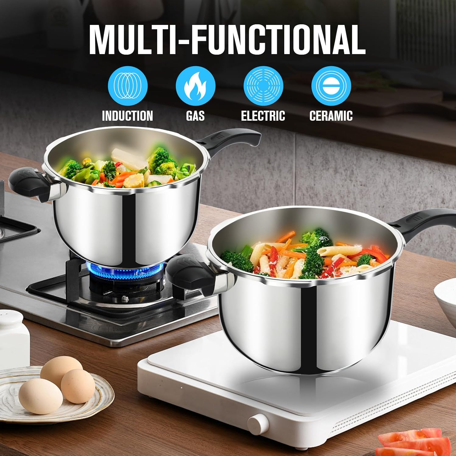 6.3 Quart Stainless Steel Pressure Cooker with Pressure Indicator and Safety Features for Gas and Induction Cooking