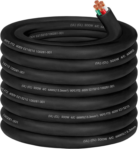 6/4 AWG 4 Conductor 600V Portable Power Cable Extension Cord - 50ft