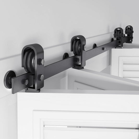 64 inch Bifold Barn Door Hardware Track Kit for Four 15 inch Closet Doors - Top Mount Sliding System - Heavy Duty Roller - Smooth & Quiet - Black - WildKart