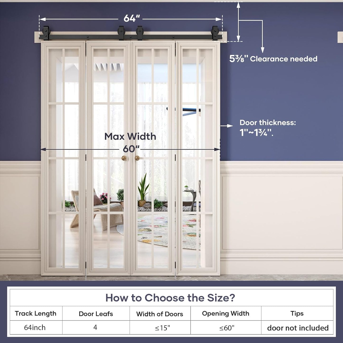64 inch Bifold Barn Door Hardware Track Kit for Four 15 inch Closet Doors - Top Mount Sliding System - Heavy Duty Roller - Smooth & Quiet - Black - WildKart