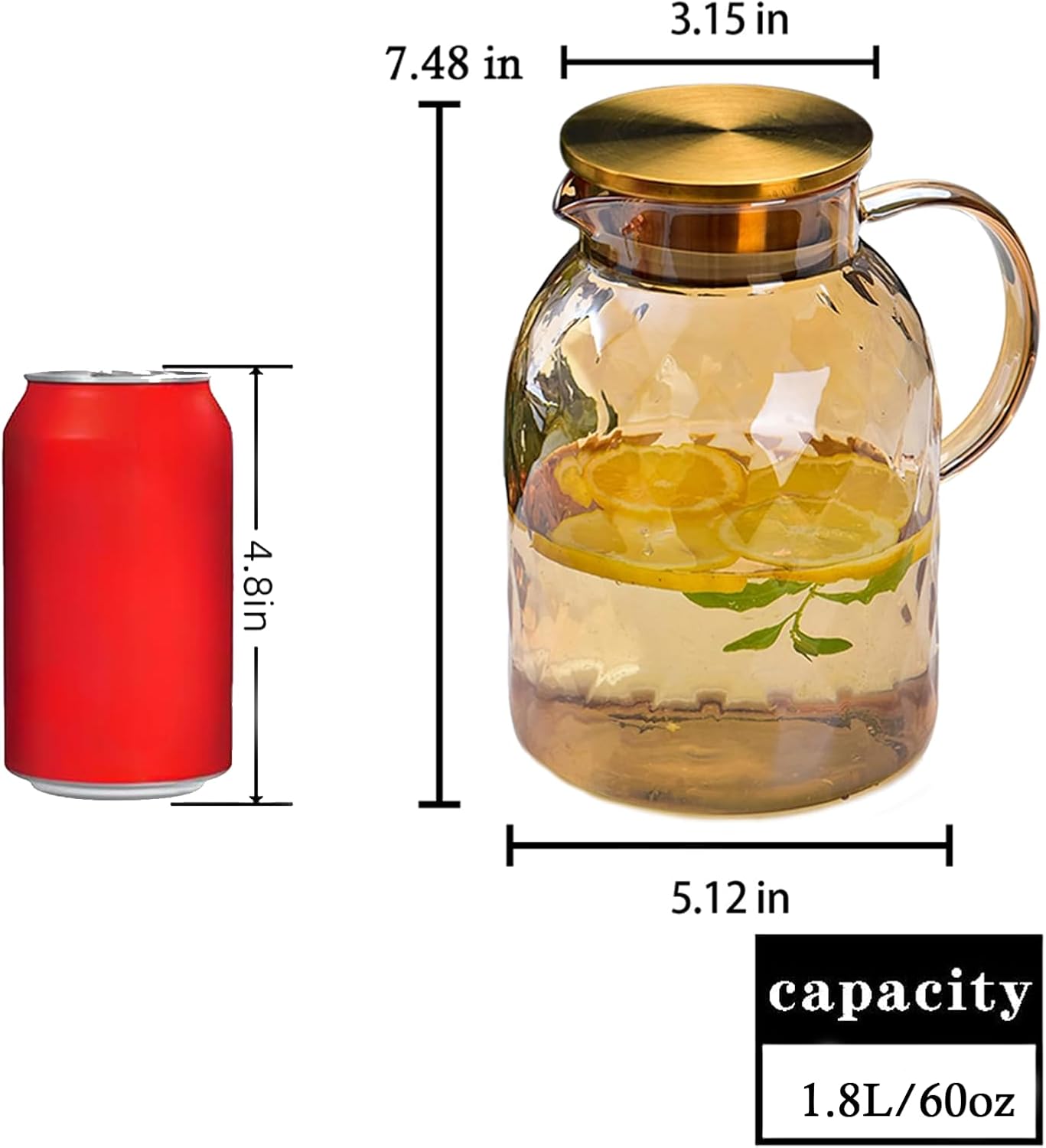 64 oz Amber Glass Pitcher with Lid, Spout, and Borosilicate Glass - Vintage Jug for Juice, Coffee, Iced Tea, Lemonade - 1.8L Bedside Water Carafe - Fridge-Friendly Hot/Cold Beverage Container