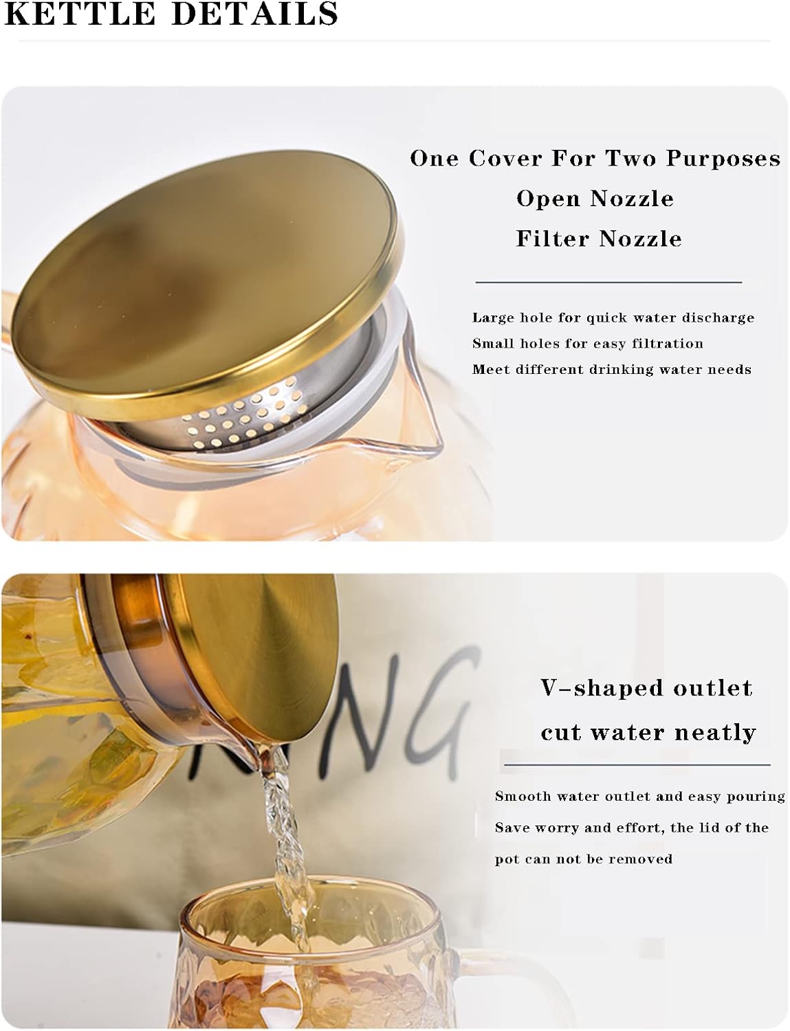 64 oz Amber Glass Pitcher with Lid, Spout, and Borosilicate Glass - Vintage Jug for Juice, Coffee, Iced Tea, Lemonade - 1.8L Bedside Water Carafe - Fridge-Friendly Hot/Cold Beverage Container