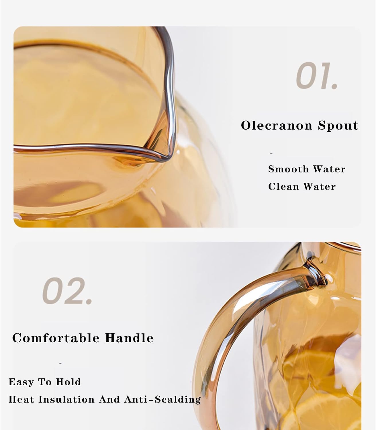 64 oz Amber Glass Pitcher with Lid, Spout, and Borosilicate Glass - Vintage Jug for Juice, Coffee, Iced Tea, Lemonade - 1.8L Bedside Water Carafe - Fridge-Friendly Hot/Cold Beverage Container