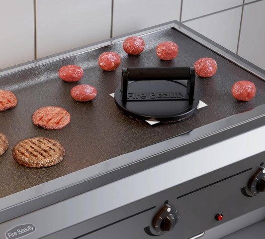 6.5" Cast Iron Grill Press with Wood Handle for Seared Bacon, Steak, and Burgers - Pre-Seasoned, Ideal for Indoor and Outdoor Cooking